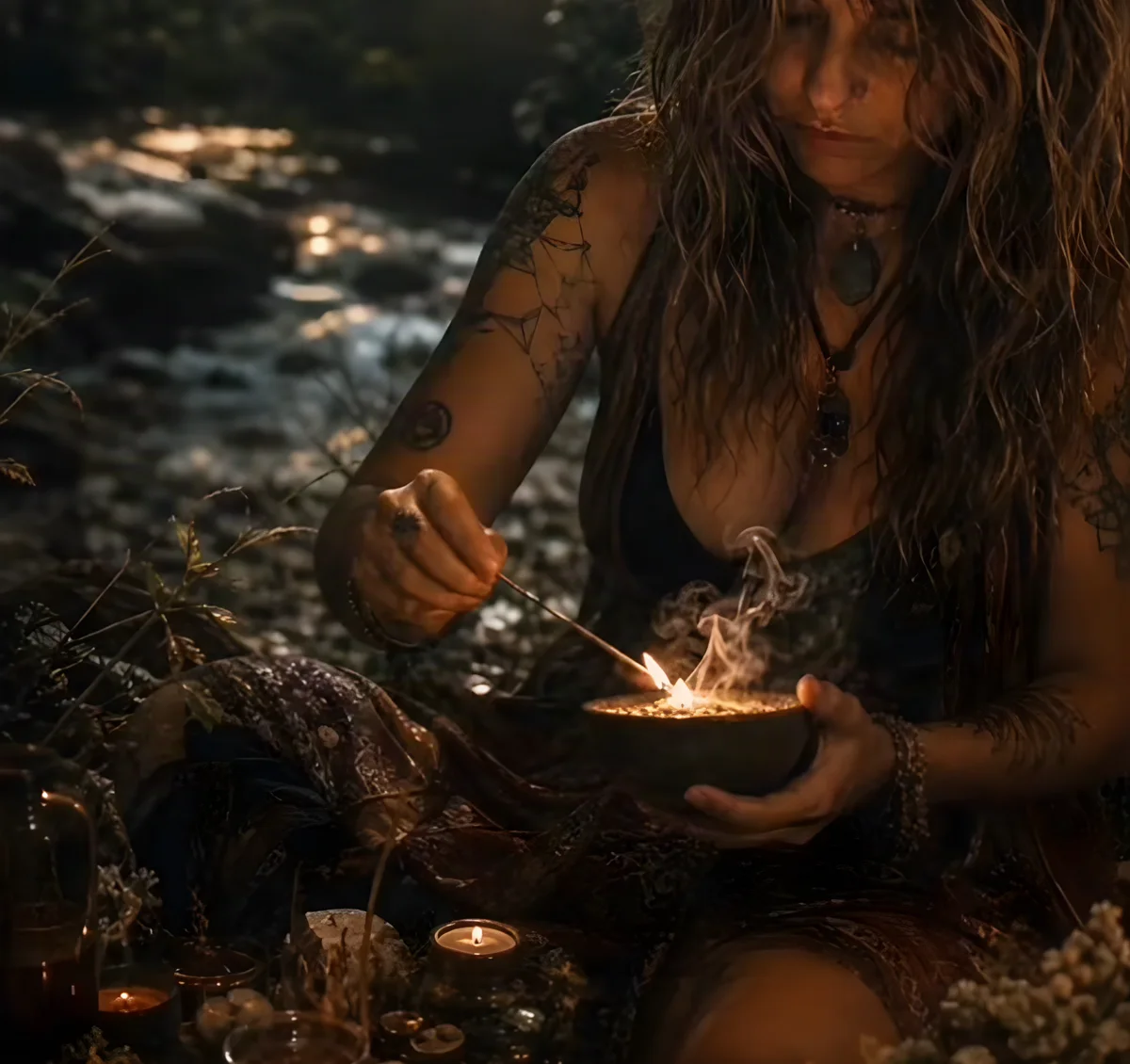 Noelia junto al río, encendiendo un cuenco de hierbas al anochecer