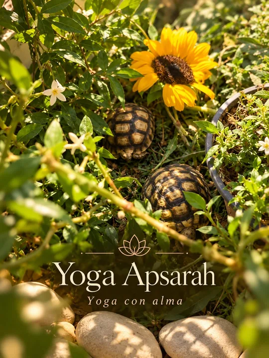 Cartel de Yoga Apsarah: un girasol y dos tortugas entre las plantas, con la flor de loto y el lema Yoga con alma